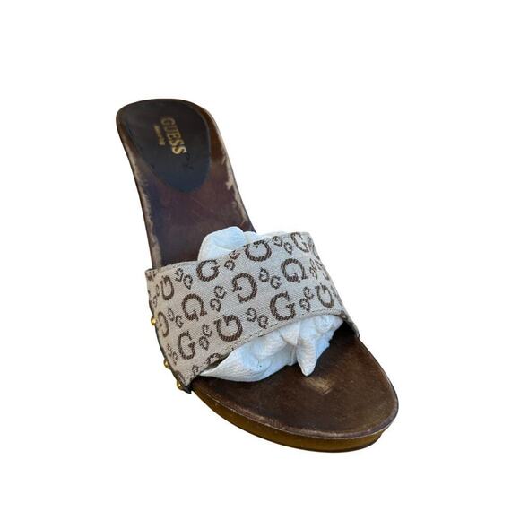 Guess Women's Tan Brown Logo Printed Platforms High Heels Size 7 Y2K 2000s - Picture 3 of 8